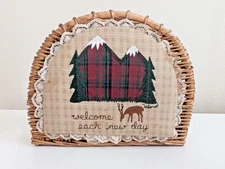 Wicker napkin holder rattan welcome each new day lace rustic lodge plaid deer