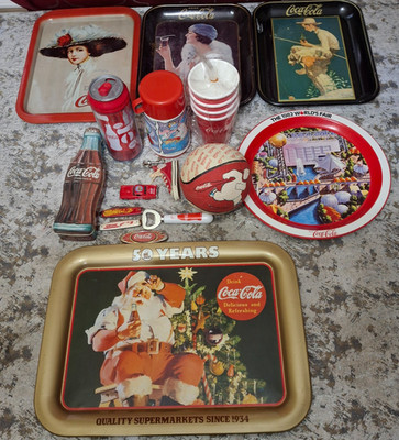 Coca-Cola Collectibles Bundle Coke Trays Knives Cups Tins Car Thermos Promo Lot
