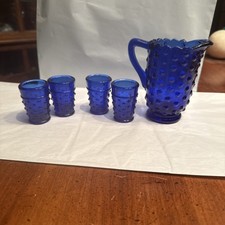 Fenton Child  s Hobnail Cobalt Blue Pitcher And Glasses Set
