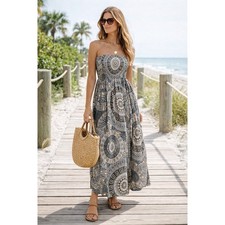 Fashionomics Strapless Boho Maxi Dress Geometric Tribal Print Elastic Waist L