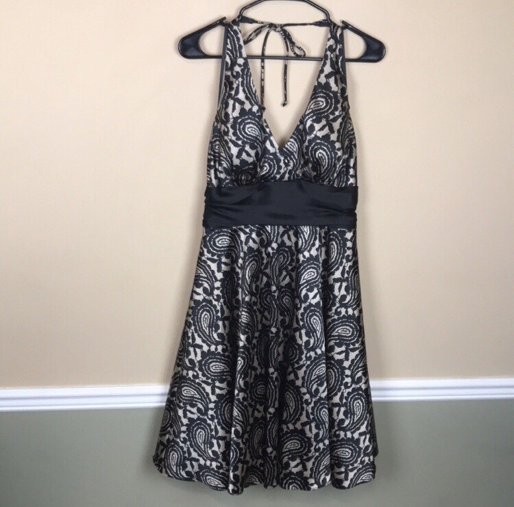 Betsy & Adam Women's Cocktail Pattern Black Beige Fit Flare Halter Dress Sz  12 | eBay
