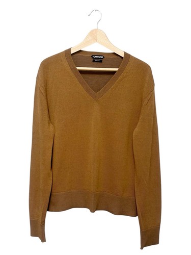 Maglione maglione uomo Tom Ford maglia fine leggero scollo a V costine seta marrone 52 L