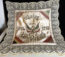 Antique French WW1 Commemorative Silk Textile Hand Embroidery Bobbin Lace VV766