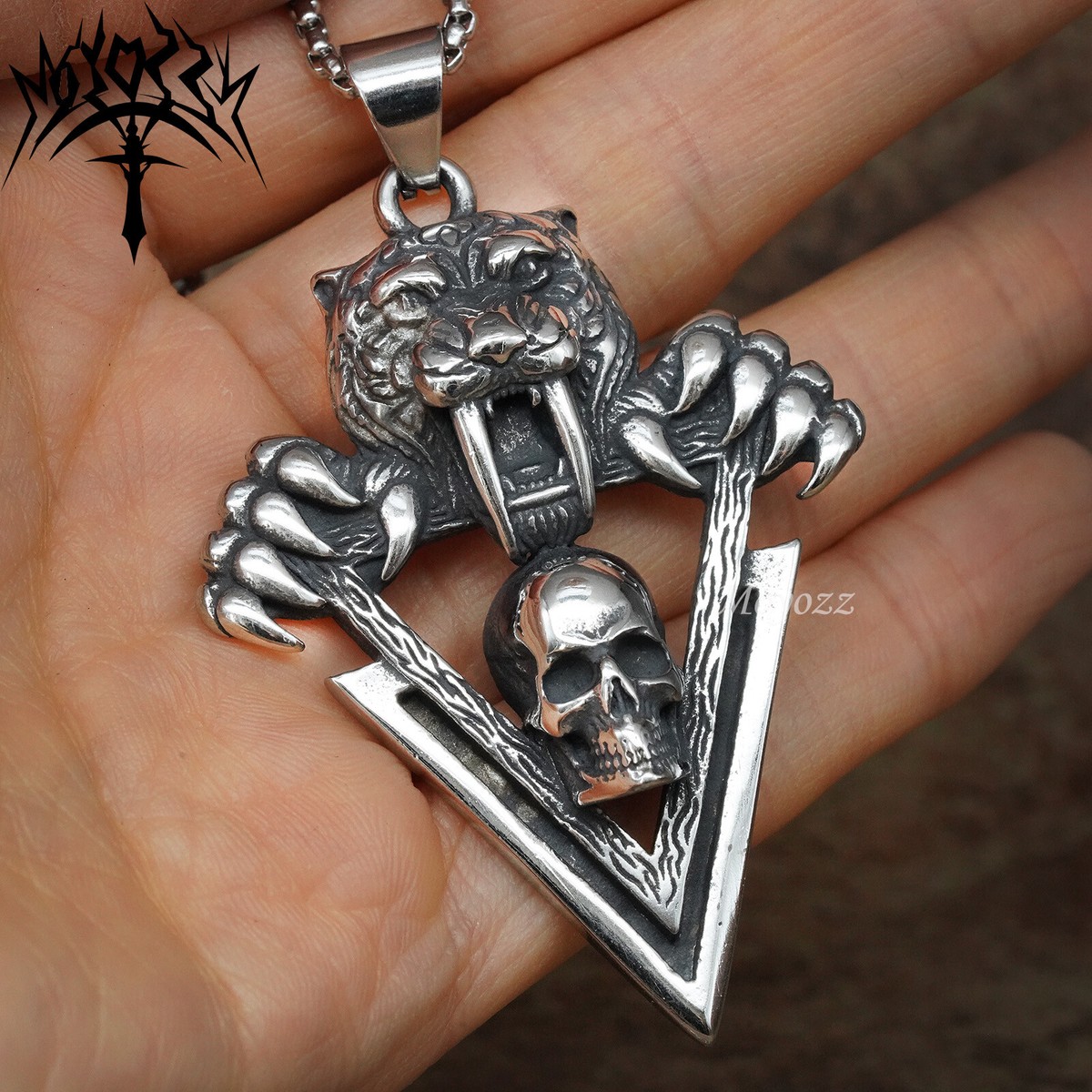 Mens Biker Saber Tooth Tiger Skull Necklace Pendant Stainless 
