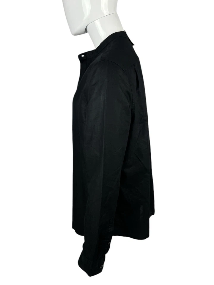 Express Mens Large Shirt Linen Cotton Blend Black Long Sleeve No Collar Band NWT - Image 3 of 4