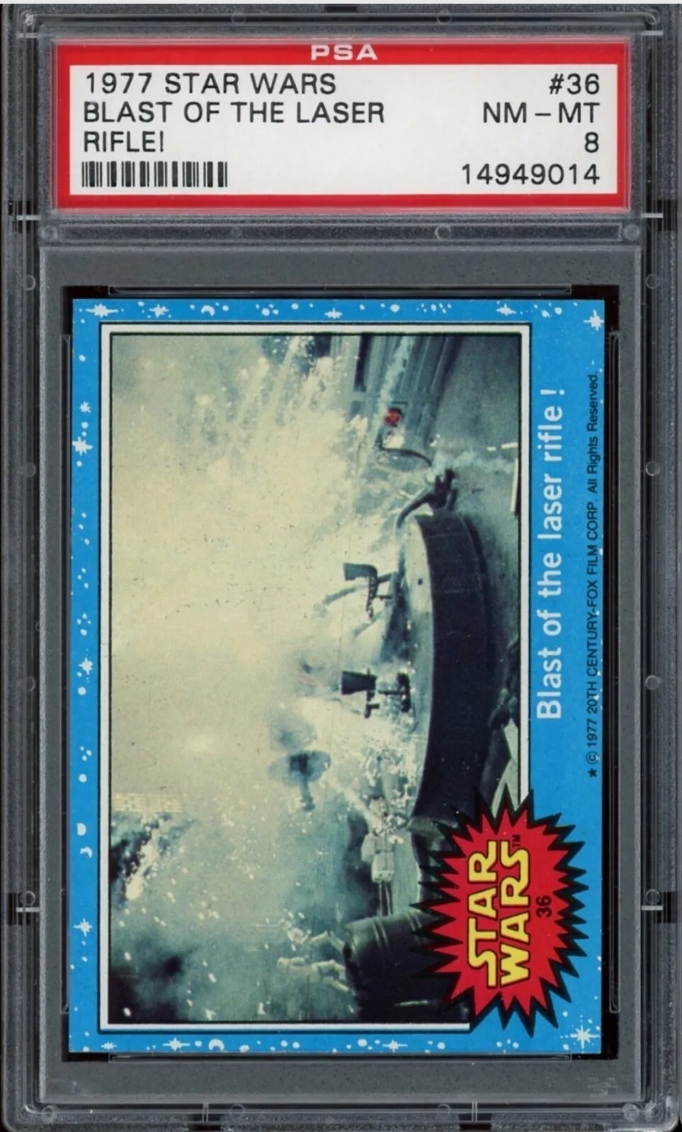 1977 Topps Star Wars #36 Blast of the Laser Rifle! PSA 8 Series 1 New Hope Blue