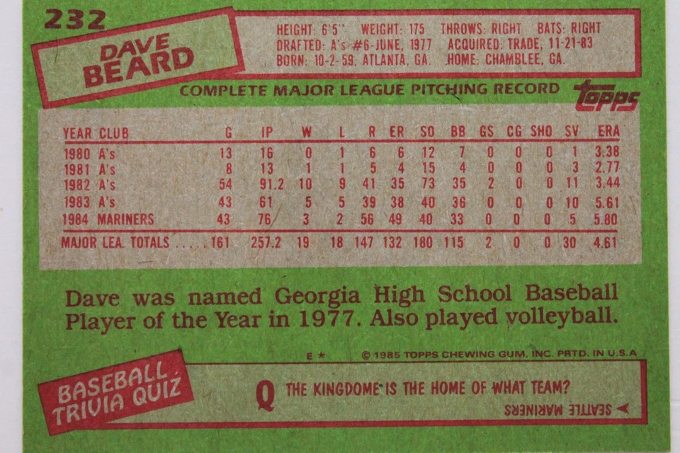 Dave Beard Mariners Athletics Cubs Autographed 1985 Topps #232 Signed Card - Image 2 of 4