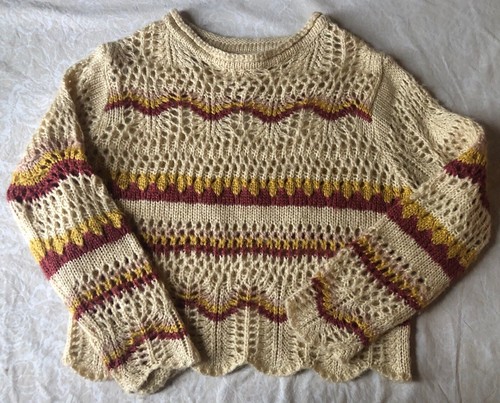 Womens Francescas Alya M Open Knit Striped Pullover Sweater Beige Mod Boho Retro