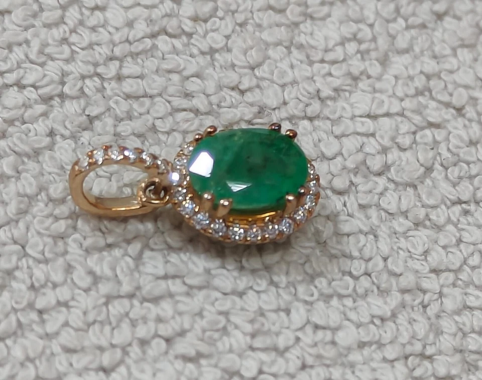 10k Gold Natürlich Sambianischer Smaragd & Diamanten Anhänger Schmuck - Bild 4 von 4