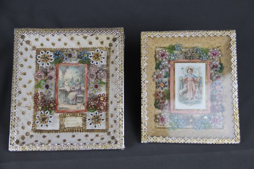 2x Heiligenbild Andachtsbild Votivbild Klosterarbeit Jum 1900 Hl Josef Jesuskind - 第 1/10 張圖片