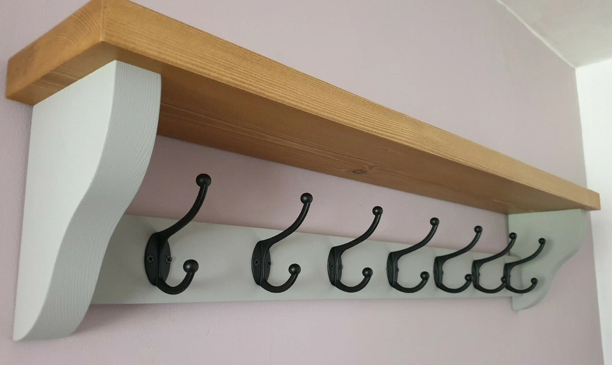 Wooden Coat Rack With Shelf 7 Black Hooks Medium Oak Wax chunky Pavilion grey