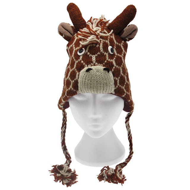 Hand Knitted Woolly Giraffe Hat, Fun Wool Knit Fleece Lined Animal Hat