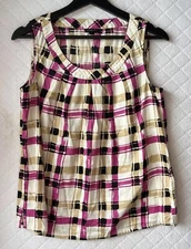 Talbots Woman’s Sleeveless Blouse Size 8 Purple Black Brown Plaid