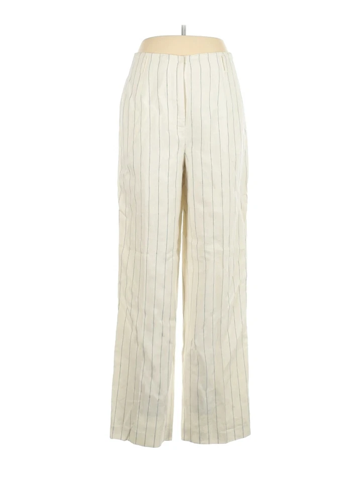 PANTALÓN A RAYAS 100% LINO TALBOTS PANTALÓN PIERNA ANCHA MARFIL BLANCO CINTURA ALTA