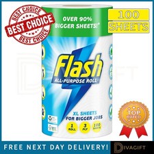 FLASH ALL PURPOSE KITCHEN ROLL NEW XL 100 SHEETS STRONG & ABSORBENT 3 PLY 1 ROLL