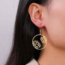 NewBuddhist Lotus Flower Dangle Earrings Round Pendant StainlessSteelDropEarring