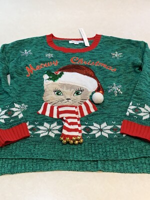 99 Jane Street Women s Green Meowy Christmas Cat Jingle Bell Ugly Sweater M New