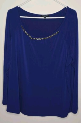 Womens Long Sleeve Scoop Neck Size 2X Embellished Blouse Blue Notations