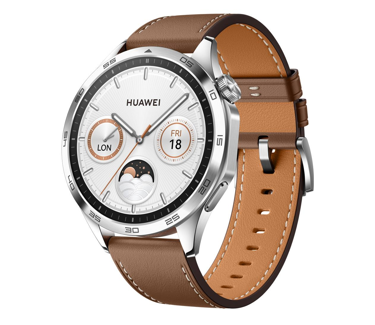 Huawei Watch GT 4 46mm Edelstahlgehäuse mit Braunes Lederarmband  