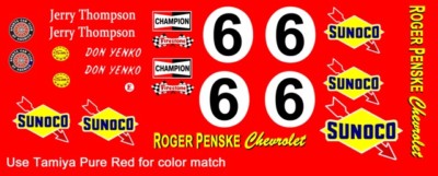 #6 Roger Penske Chevrolet Sunoco Corvette 1967 1/32nd Scale Slot Car Decals