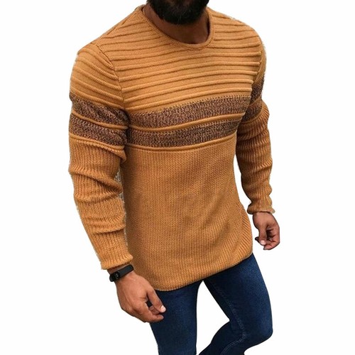 Mens Striped Knitted Winter Crew Neck 