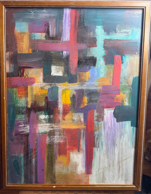 #ad John Reilly Estate Stamp Colorful Abstract Oil Painting on Board Framed Vintage $247.50