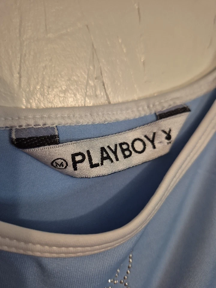 Cami Y2k De Colección PLAYBOY ÍNTIMATES Bebé Azul Estrás Cabeza de Conejo Rayas Blancas M Foto 3 de 4