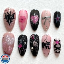 24Pcs Halloween Press on Nails Medium Almond Fake Nails with Gothic Bat Heart