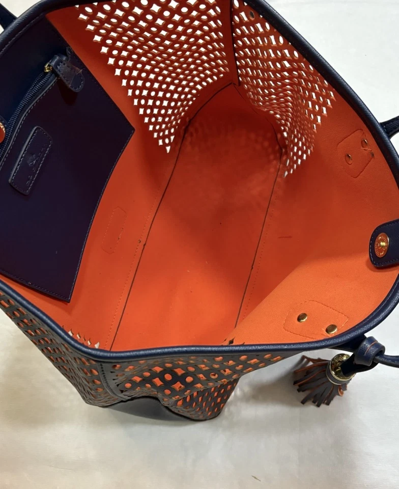 Bolsa tote Big Buddha couro vegano perfurado azul marinho e laranja bolsa de mão grande boho - Imagem 4 de 4