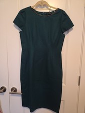 Elie Tahari Forest Green 10 NWT Sheath Dress Cap Sleeve Lolly W Blk Leather Trim
