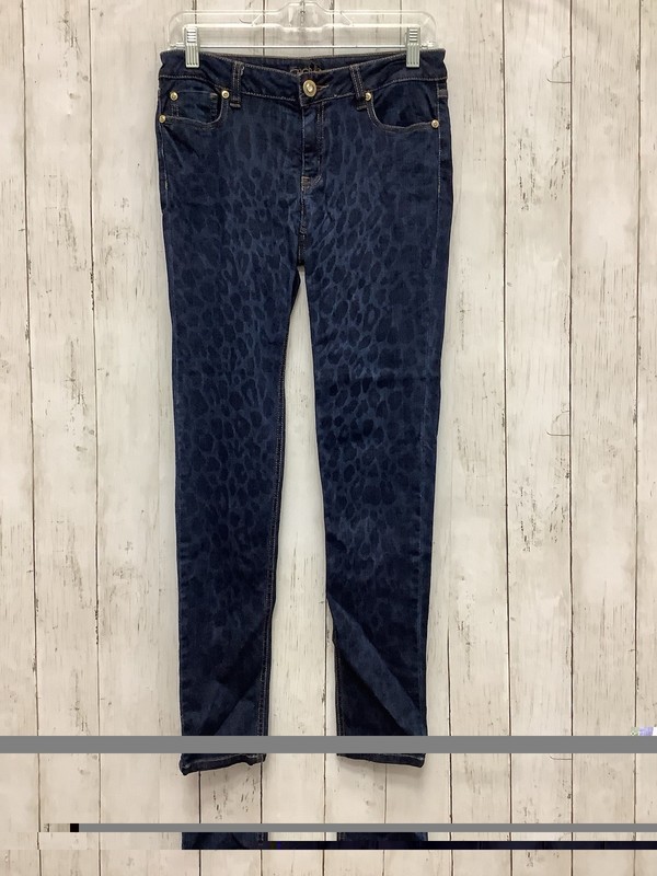 Cache Women's Size 4 Blue Leopard Print Skinny Jeans Animal Print Stretch Denim