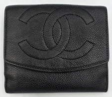 CHANEL Vintage Caviar Leather Large CC Bifold Wallet Black Recolored AS IS