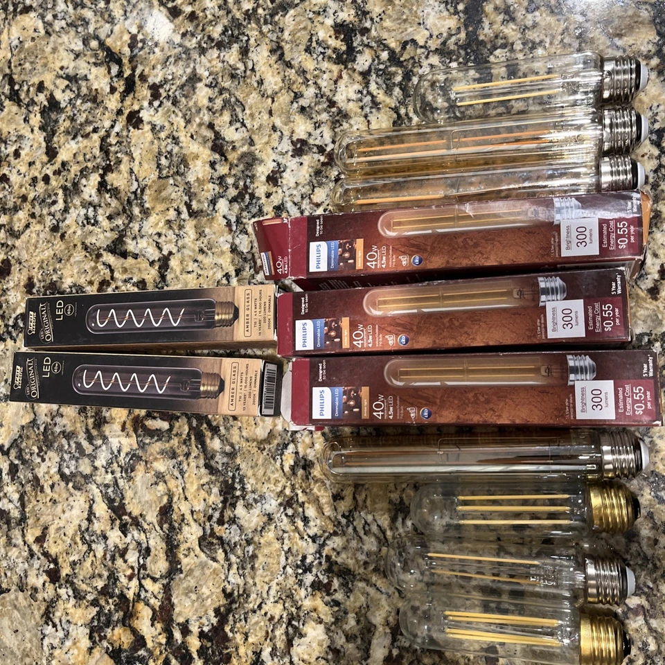 (12) Long Philips T10 LED Bulbs 40W Amber glass Vintage Dimmable Feit NEW!! - Image 3 of 3