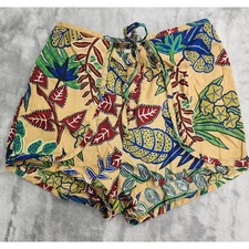 Vintage 80s Shorts Womens Size 13/14 Tan Hawaiian Floral Tie Front Wrap Beach