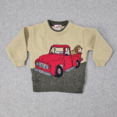 VTG Plaid Moose Red Truck Dog Graphic Knit Sweater Toddler 2T Tan Grey Preppy