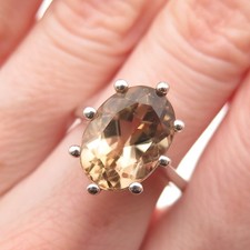 925 Sterling Silver Vintage Real Oval-Cut Smoky Quartz Modernist Ring Size 8