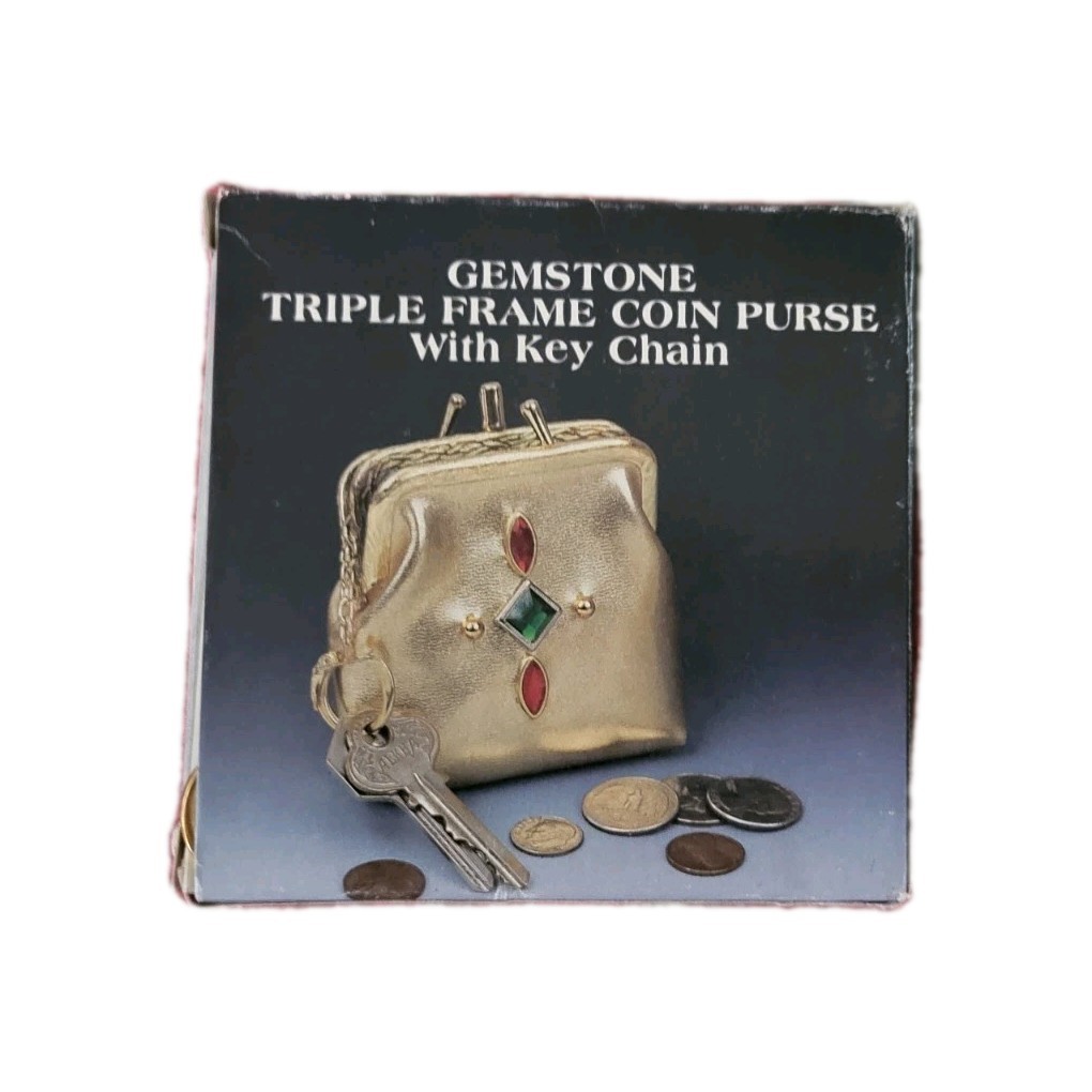 NEW NOS vintage gold gemstone triple frame coin purse w/ keychain
