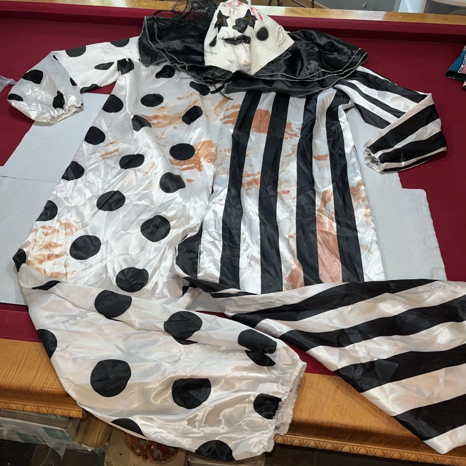 KILLER Circo PAYASO Negro Blanco Satinado Disfraz Halloween MASCARILLA TRAJE CUELLO VOLANTES OS Foto 4 de 4