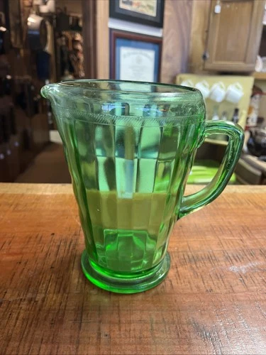 Vintage Anchor Hocking Uranium Glass Block Optic Design Water Pitcher