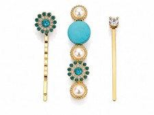 Gold Hair Pin Set Turquoise Crystal Pearl Bobby Pins 3Pc Bridal Hair Clip Set