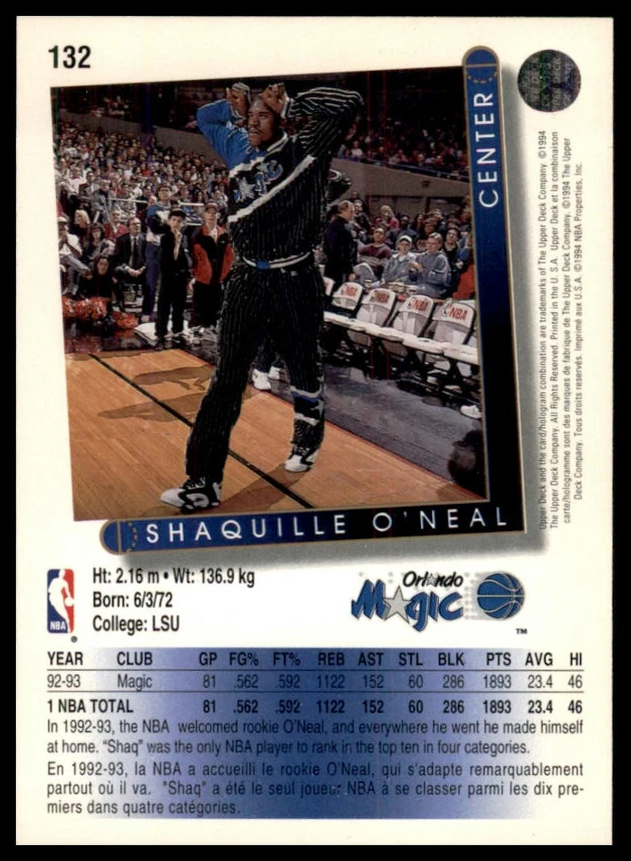 1993-94 Upper Deck Shaquille O'Neal #132 NM-NMMint Combine Shipping - Image 2 of 2