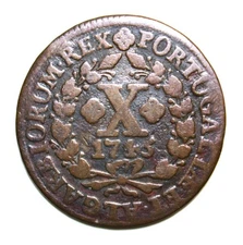 S8 - Portugal 10 (X) Reis 1745 Very Fine Copper Coin - King Joao V *** Scarcer