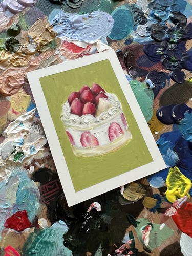 ACEO Original Oil Pastel strawberry cake OOAK Signed Painting By Narcissa Ford 