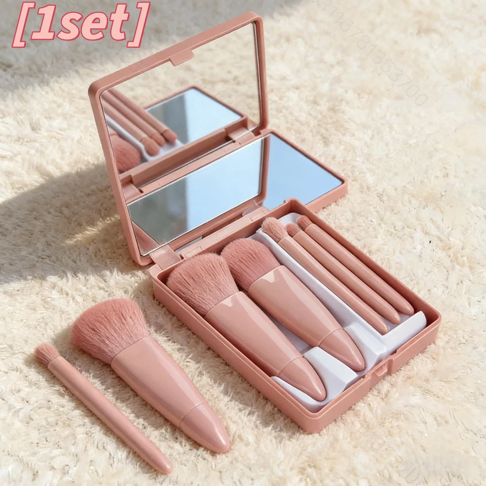 5pcs Pink Makeup Brush Set Mirror Compact Soft Bristles Blush Eye Foundation - Image 1 of 4