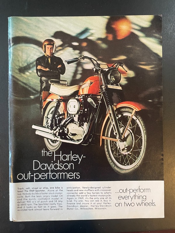 1969 Print Ad - Harley Davidson Sportster Out-Performs Everything on Two Wheels