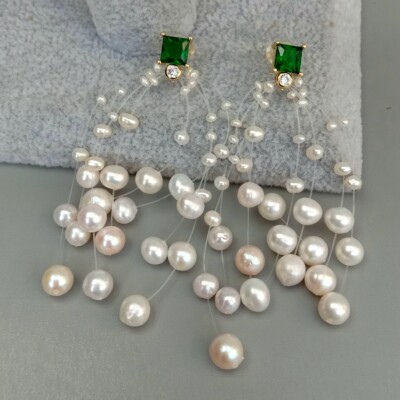 Illusion Cultured White Rice Pearl Green cz stud Earrings
