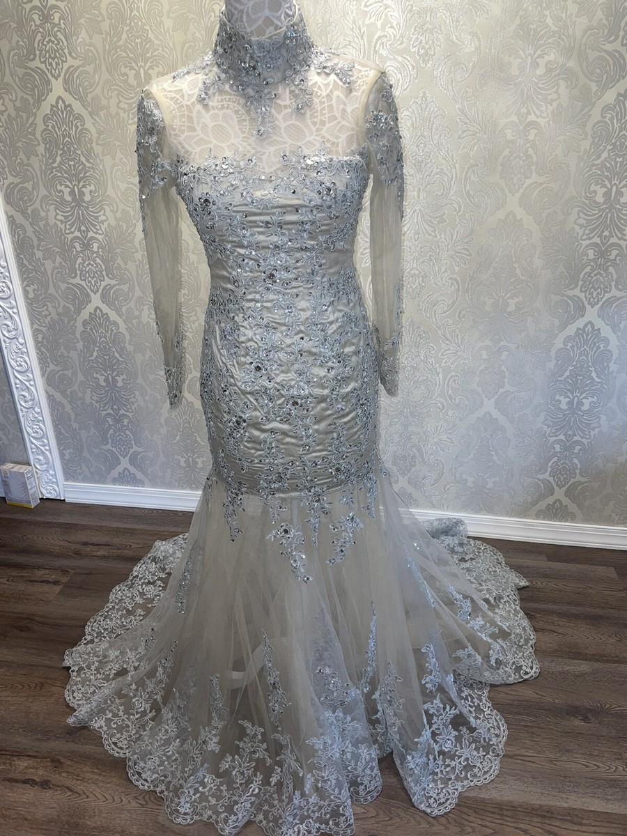 Wedding Dress Mermaid long sleeve silver Lace fully lined custom made size  4 | eBay