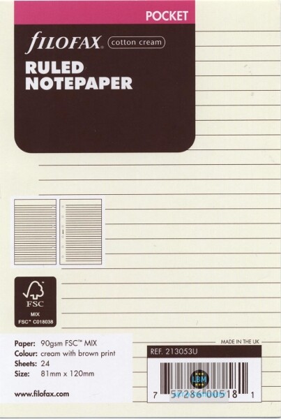 Filofax Pocket size Cotton Cream Ruled (Lined) Notepaper Refill 213053