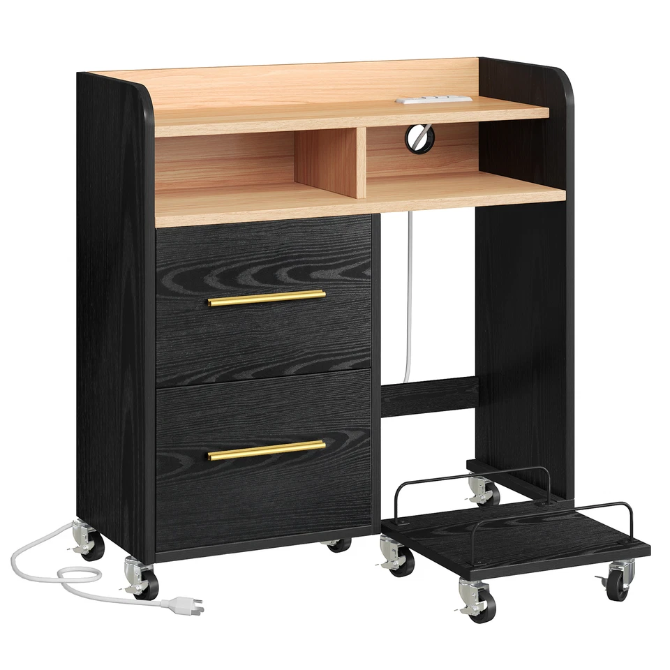 Black Mobile Printer Stand w/ Wood Top 2 File Drawers Power Outlet USB CPU Tray - Image 3 of 4