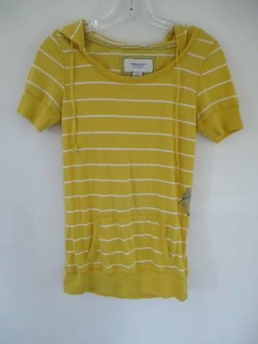 American Eagle Women's Small Cotton Short Sleeve Yellow Striped Hooded Blouse - Picture 3 of 12